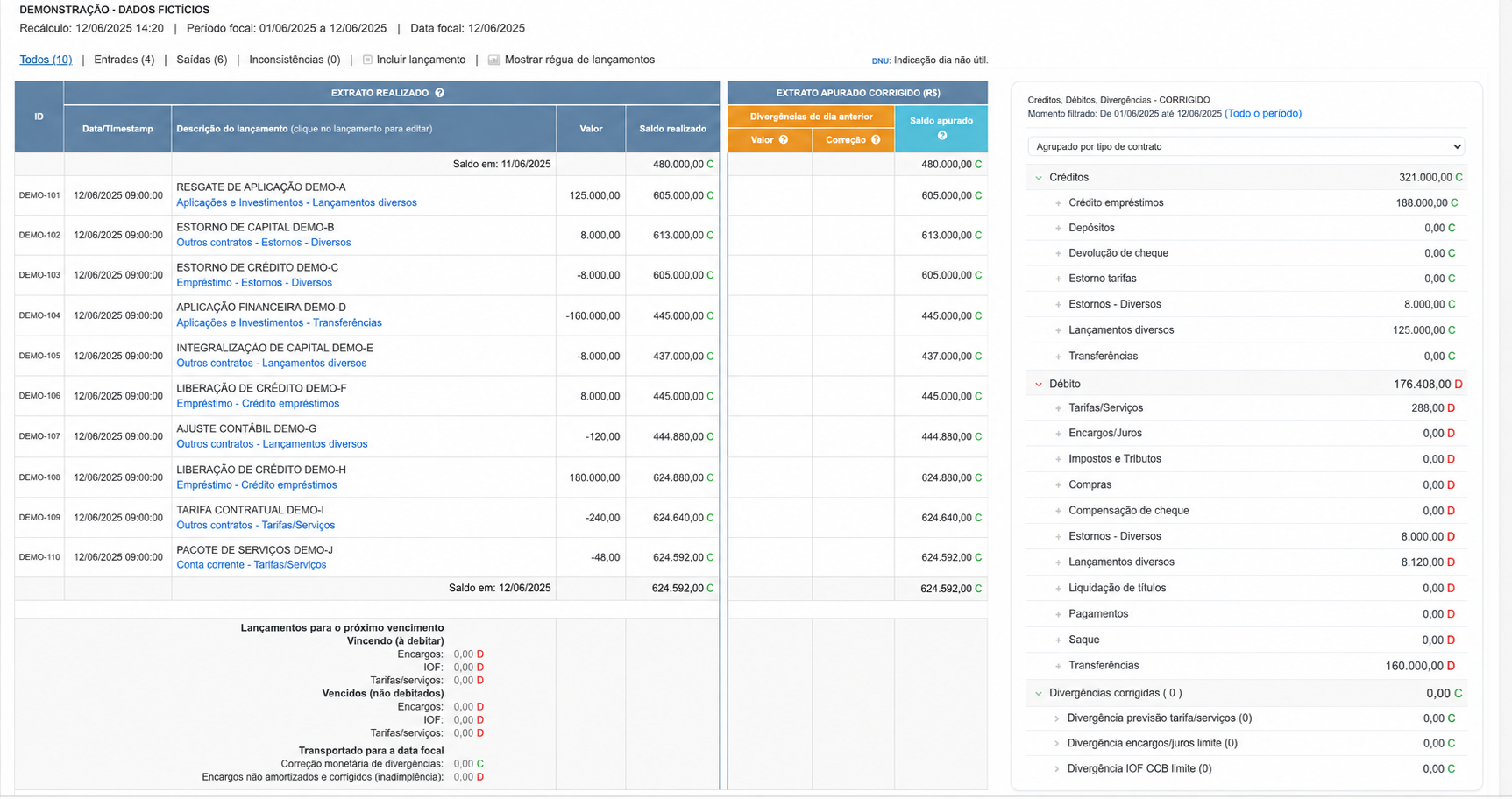 Tela completa do extrato Openbanx, com lançamentos, saldos e categorias. Demonstração com dados fictícios.