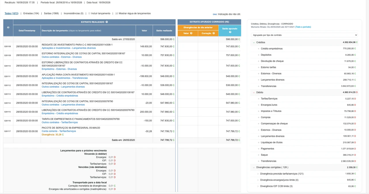 Tela da Openbanx com extrato realizado, extrato apurado corrigido e resumo de créditos, débitos e divergências.