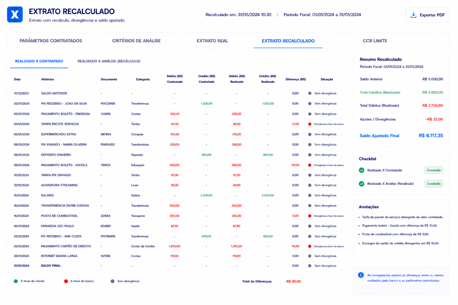 Tela ampliada do extrato recalculado na Openbanx